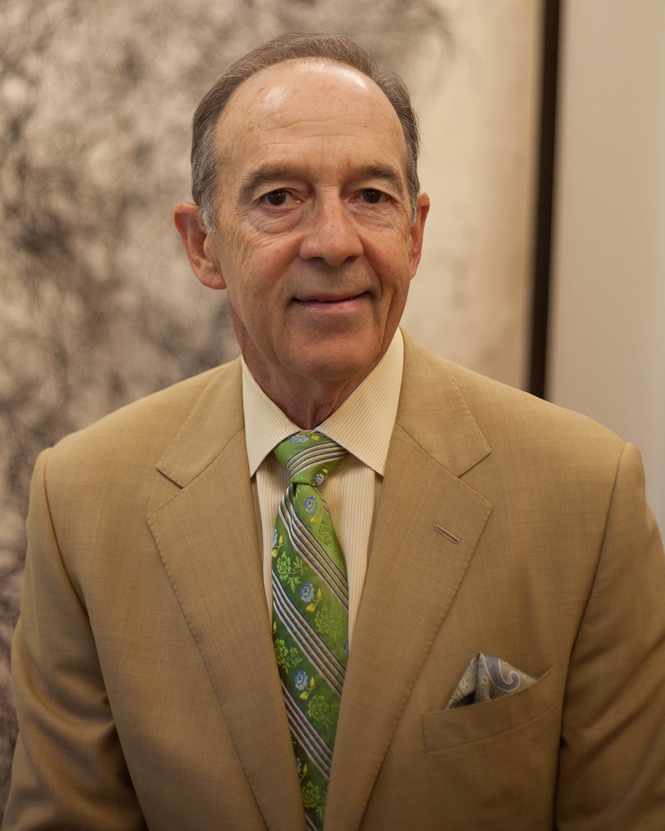 Mark LeBaron in tan suit with green patterned tie and pocket square, abstract artwork in background.